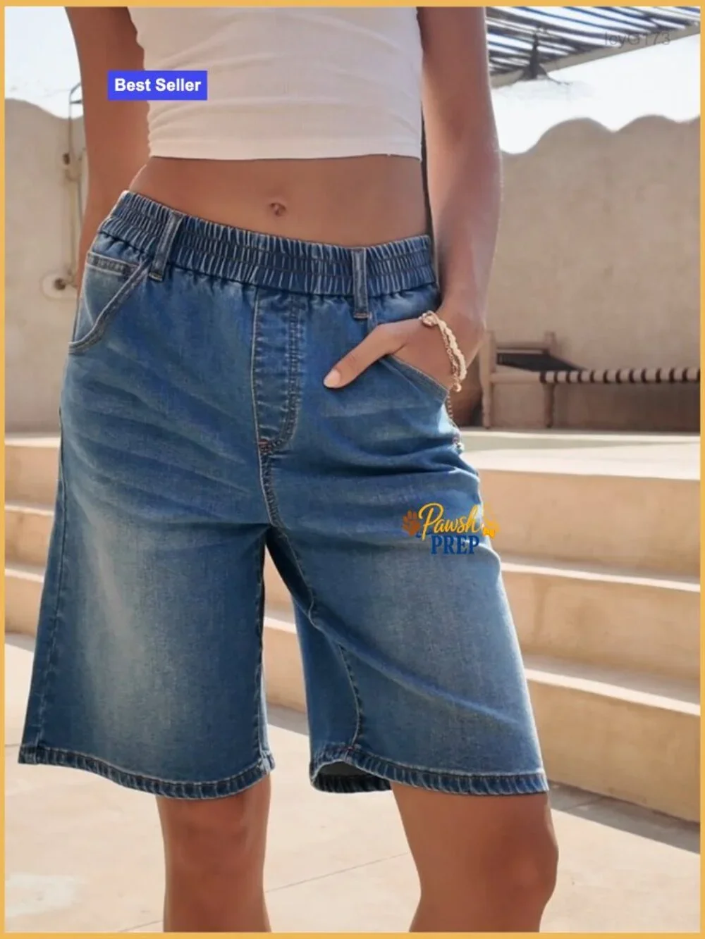 Women's Denim Bermuda Shorts Elastic Waist Baggy Fit Knee Length Jorts
